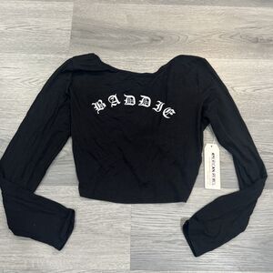 American Rebel Crop Top “Baddie” Print Old English Gothic Script Font Size Large